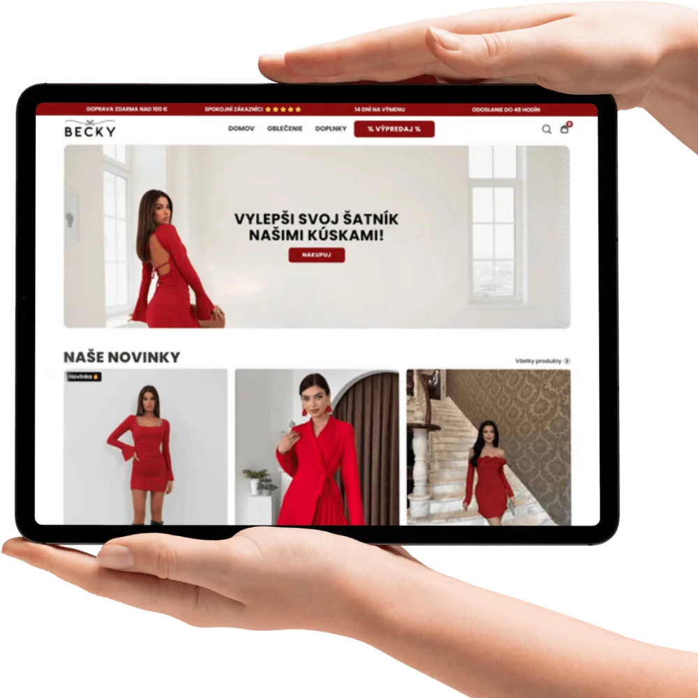 Responsive clothing e-shop displayed on a tablet, illustrating the creation of modern and user-friendly online stores.